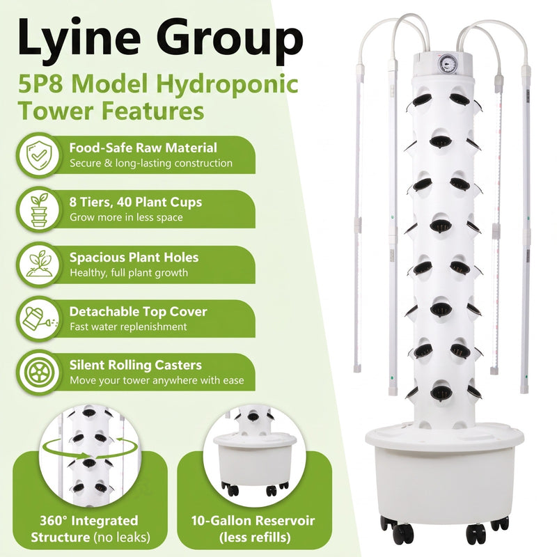LYINE 5P8 Hydroponic Grow Tower | 40 Plants & LED Lights