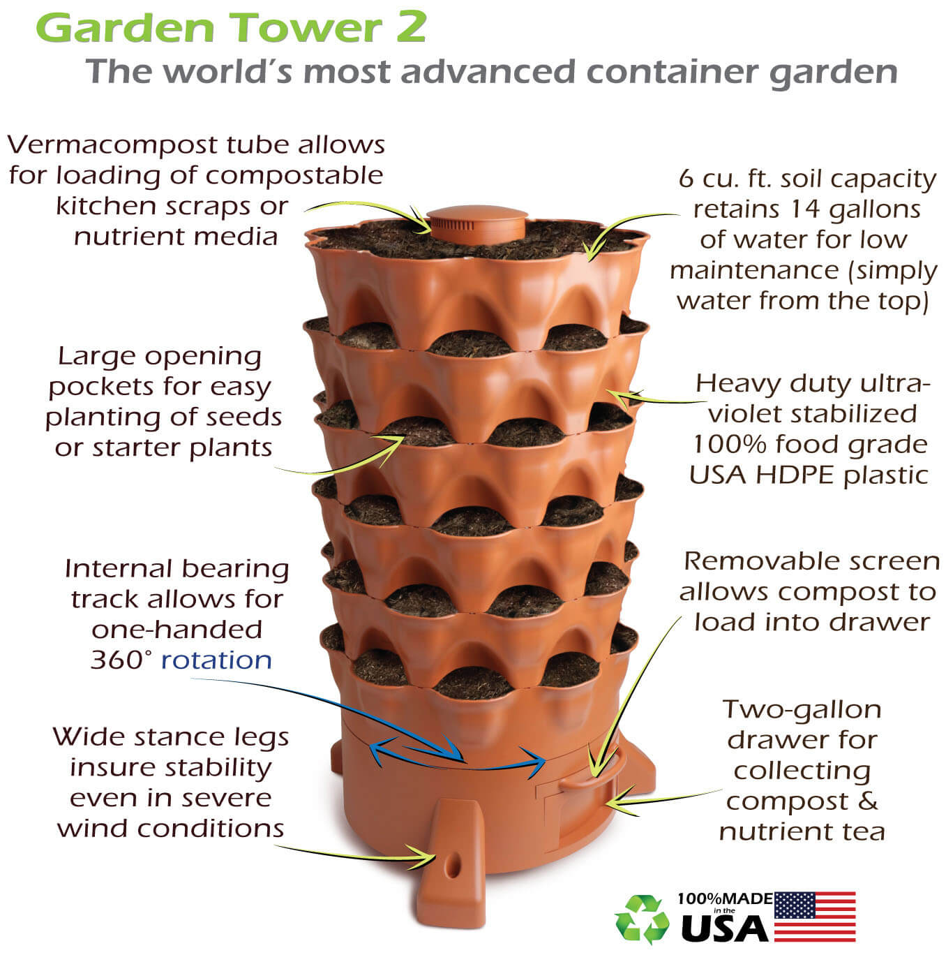 Garden Tower 2™, 50-Plant Composting Vertical Garden Planter (Dropship)