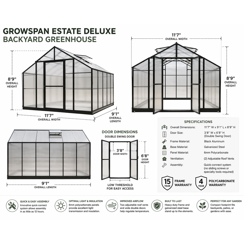 GrowSpan Estate Deluxe Backyard Greenhouse - 11'7" W x 9'1" L x 8'9"H